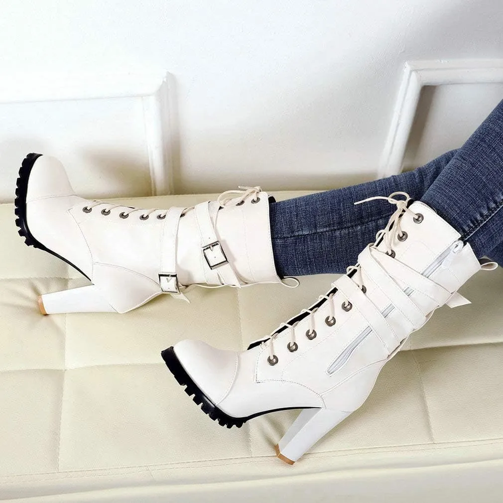 Caradise Womens Lace Up Mid Calf Goth Chunky Heel Combat Boots with Buckles