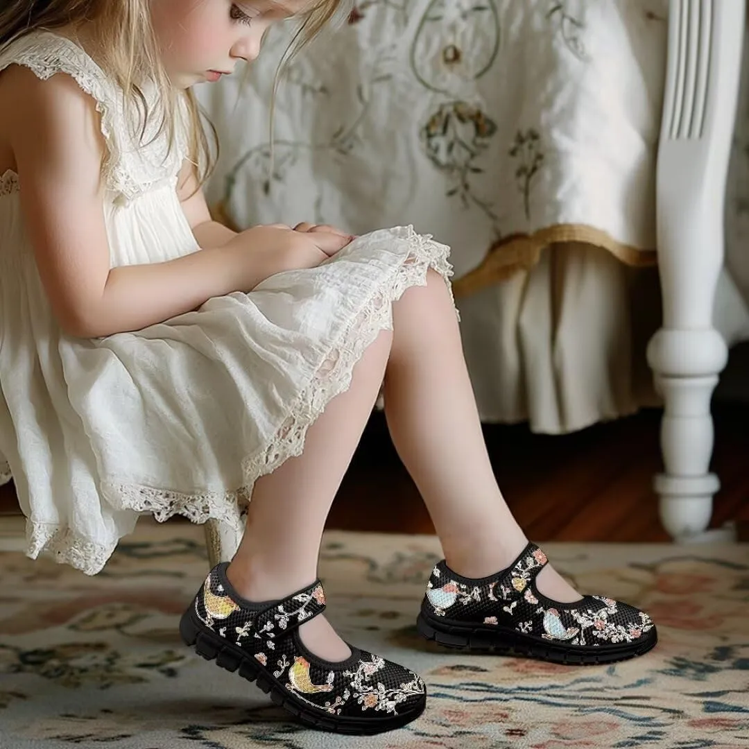 Cartoon Birds Print Mary Jane Shoes for Girls Anti-Skid Magic Sticker Sneaker with Mesh Upper
