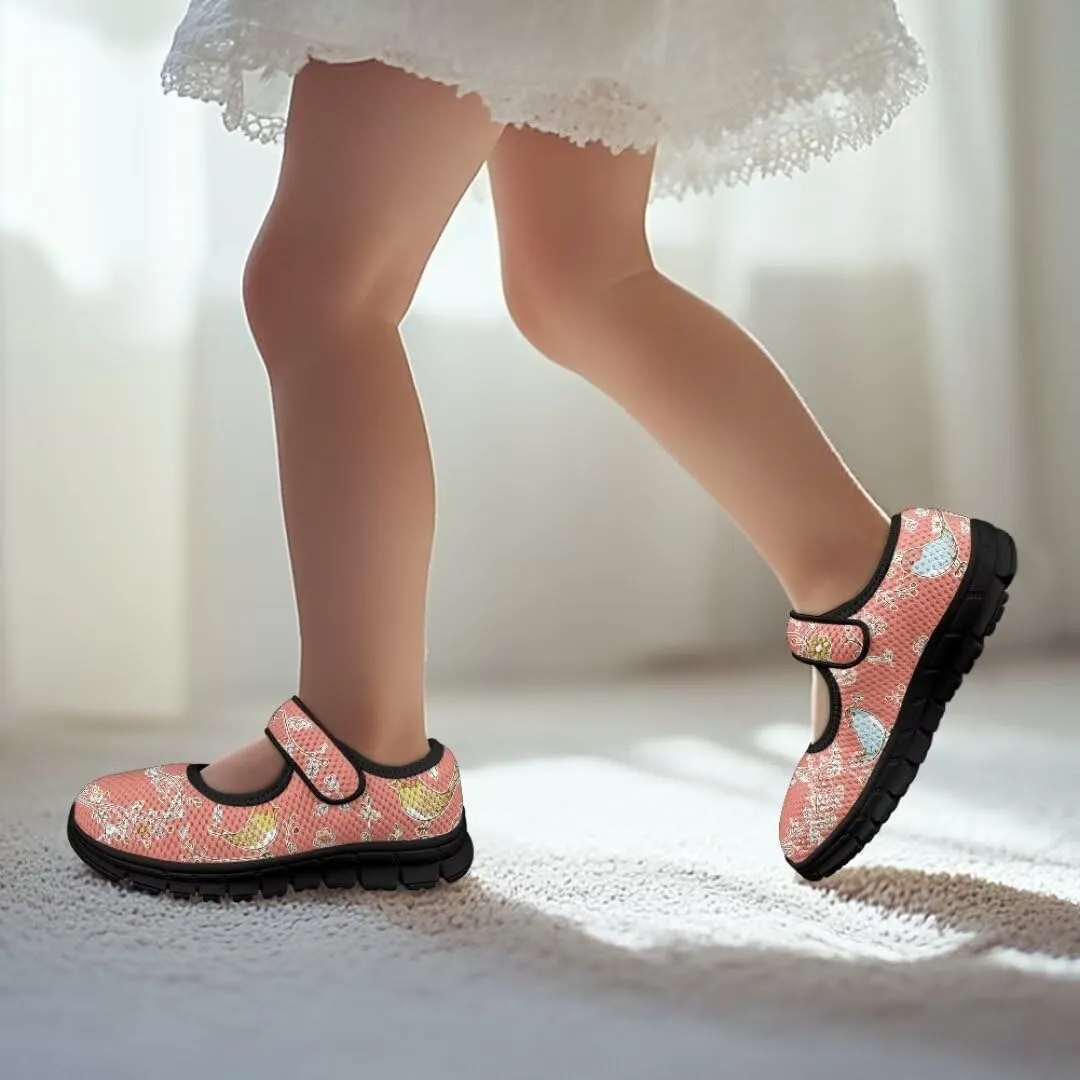 Cartoon Birds Print Mary Jane Shoes for Girls Anti-Skid Magic Sticker Sneaker with Mesh Upper