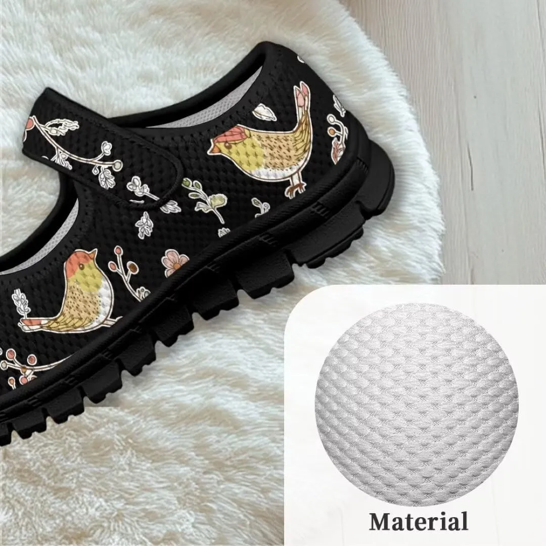 Cartoon Birds Print Mary Jane Shoes for Girls Anti-Skid Magic Sticker Sneaker with Mesh Upper