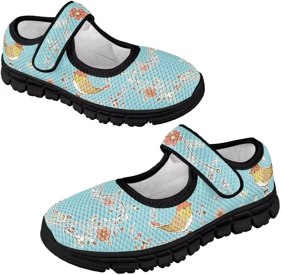 Cartoon Birds Print Mary Jane Shoes for Girls Anti-Skid Magic Sticker Sneaker with Mesh Upper