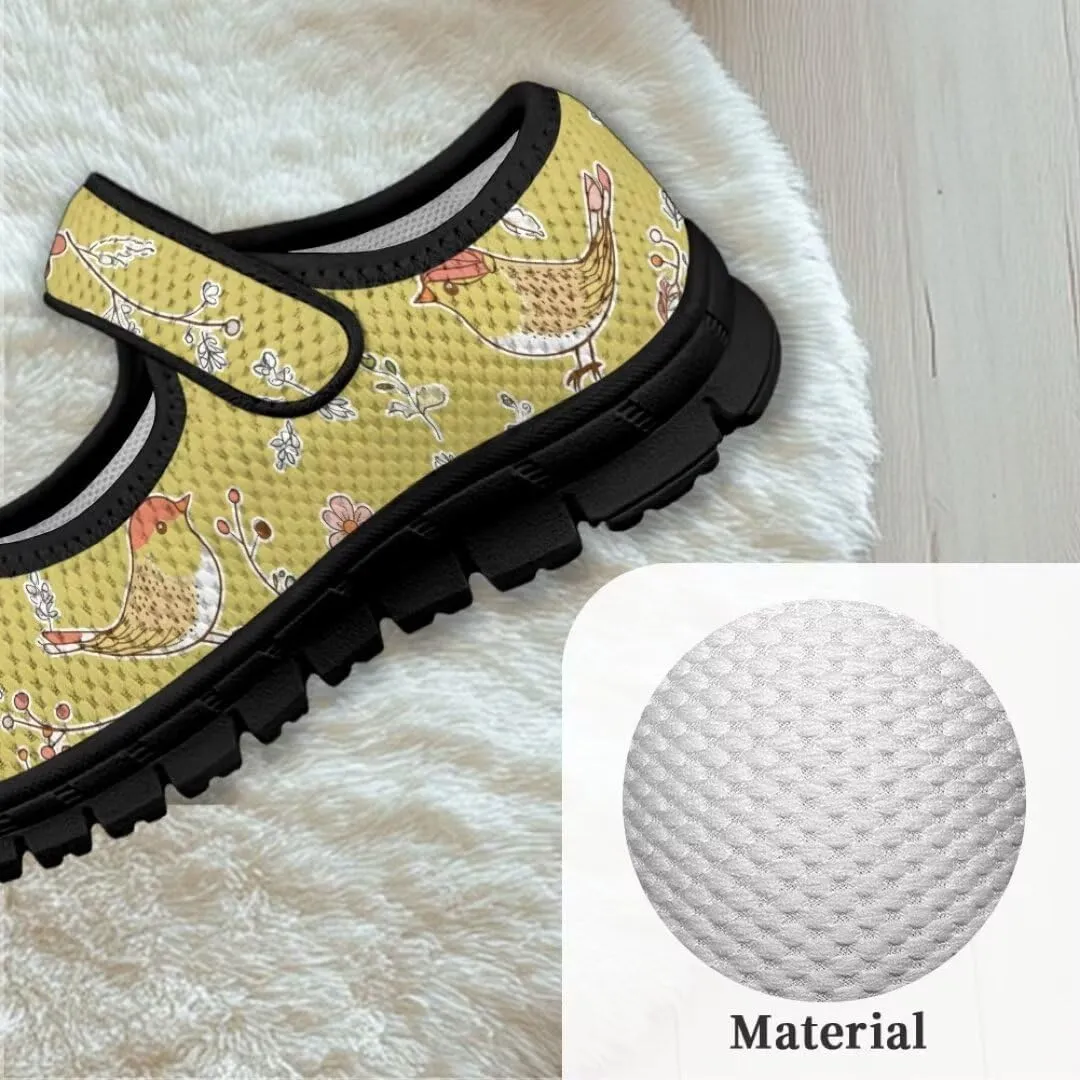 Cartoon Birds Print Mary Jane Shoes for Girls Anti-Skid Magic Sticker Sneaker with Mesh Upper