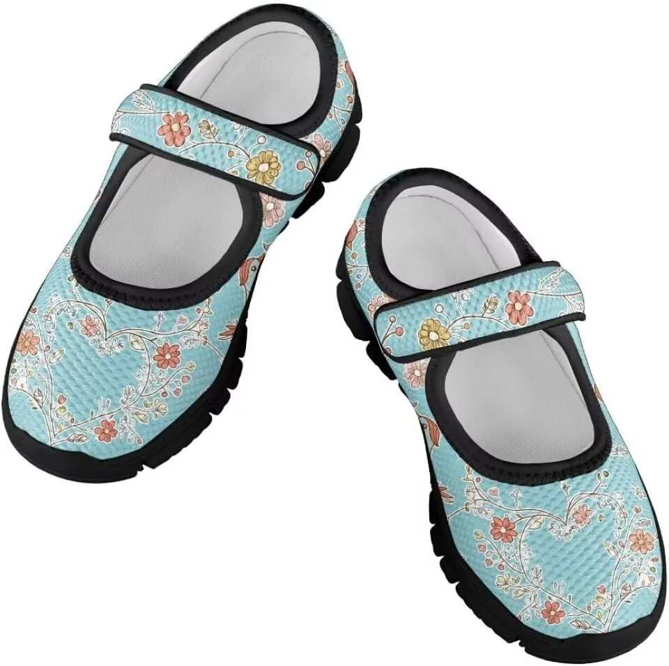 Cartoon Birds Print Mary Jane Shoes for Girls Anti-Skid Magic Sticker Sneaker with Mesh Upper