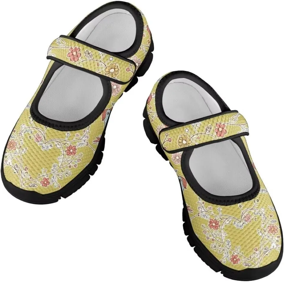 Cartoon Birds Print Mary Jane Shoes for Girls Anti-Skid Magic Sticker Sneaker with Mesh Upper