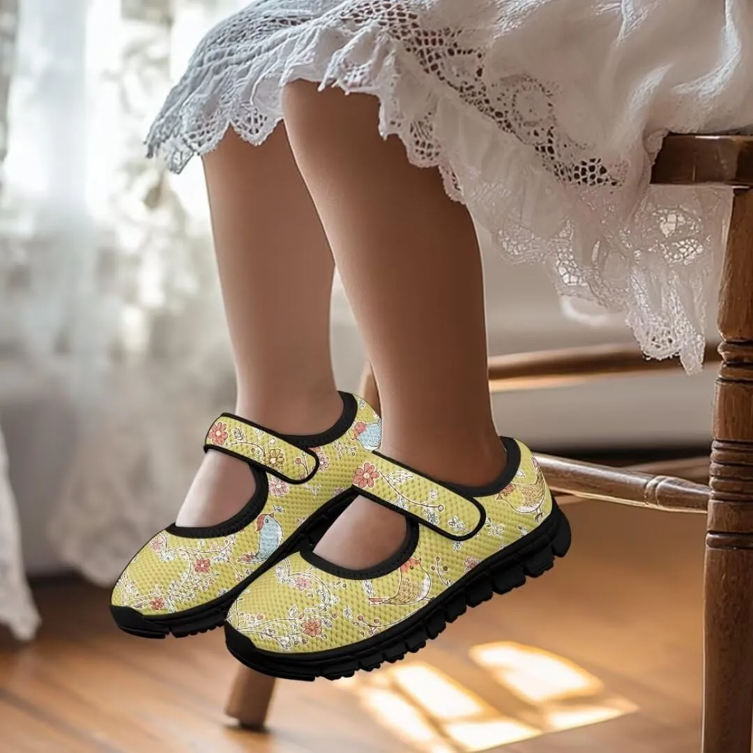 Cartoon Birds Print Mary Jane Shoes for Girls Anti-Skid Magic Sticker Sneaker with Mesh Upper