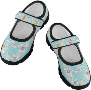 Cartoon Birds Print Mary Jane Shoes for Girls Anti-Skid Magic Sticker Sneaker with Mesh Upper