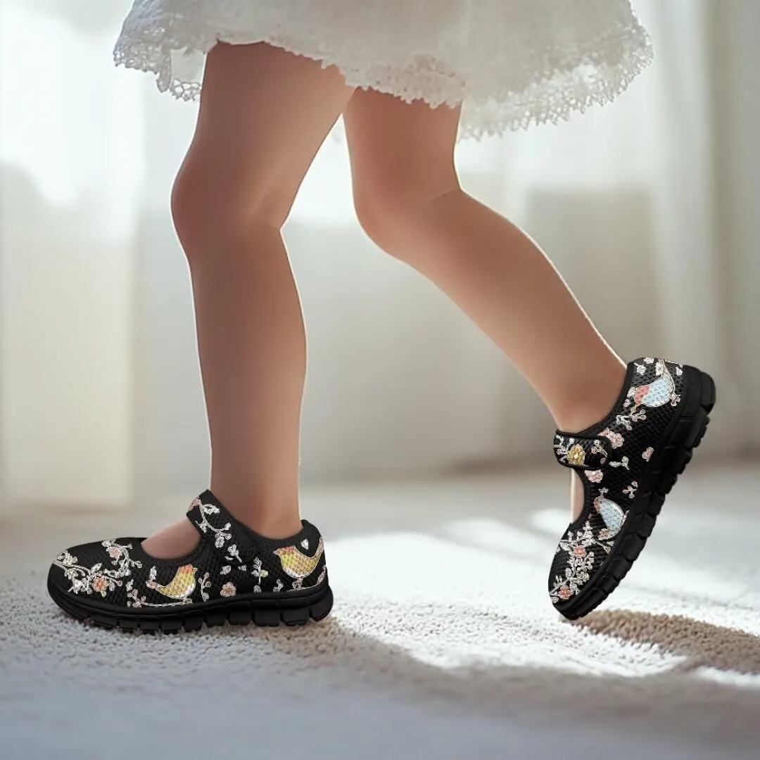 Cartoon Birds Print Mary Jane Shoes for Girls Anti-Skid Magic Sticker Sneaker with Mesh Upper