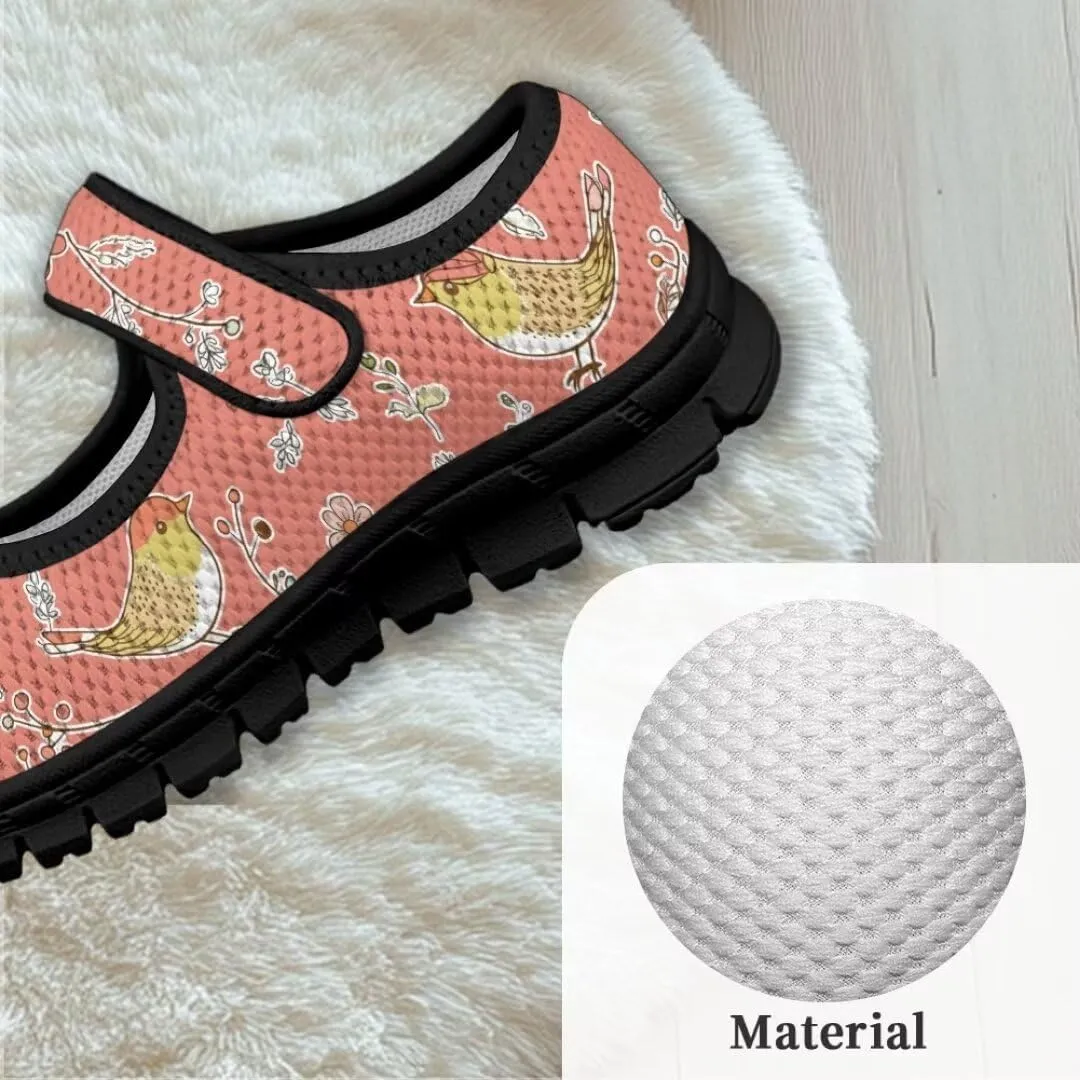 Cartoon Birds Print Mary Jane Shoes for Girls Anti-Skid Magic Sticker Sneaker with Mesh Upper