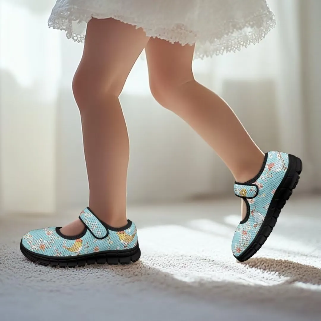Cartoon Birds Print Mary Jane Shoes for Girls Anti-Skid Magic Sticker Sneaker with Mesh Upper