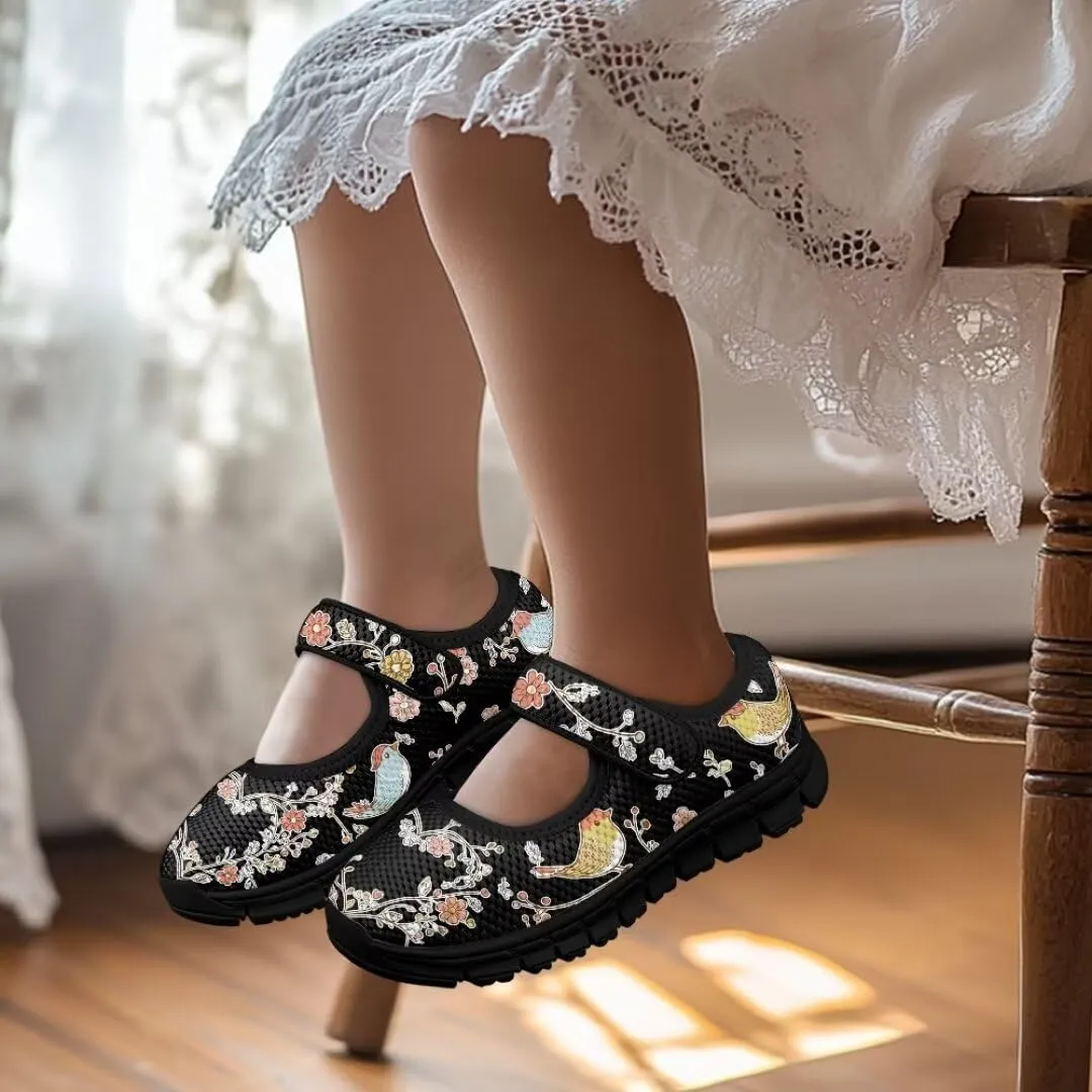 Cartoon Birds Print Mary Jane Shoes for Girls Anti-Skid Magic Sticker Sneaker with Mesh Upper