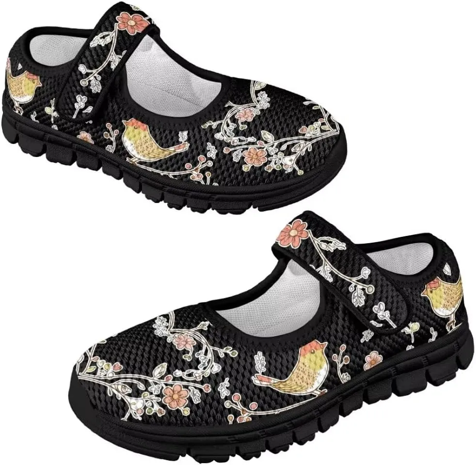 Cartoon Birds Print Mary Jane Shoes for Girls Anti-Skid Magic Sticker Sneaker with Mesh Upper