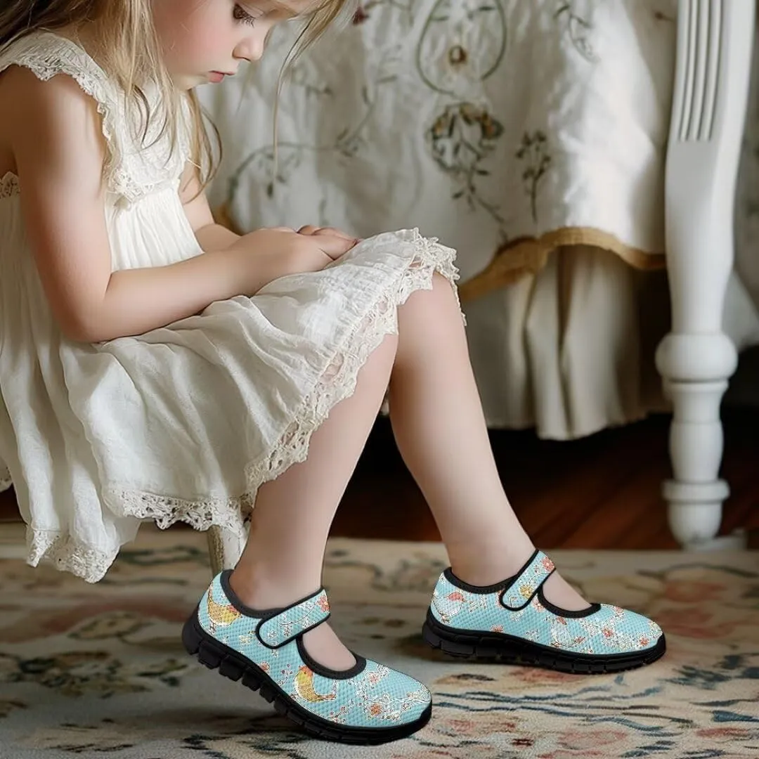 Cartoon Birds Print Mary Jane Shoes for Girls Anti-Skid Magic Sticker Sneaker with Mesh Upper
