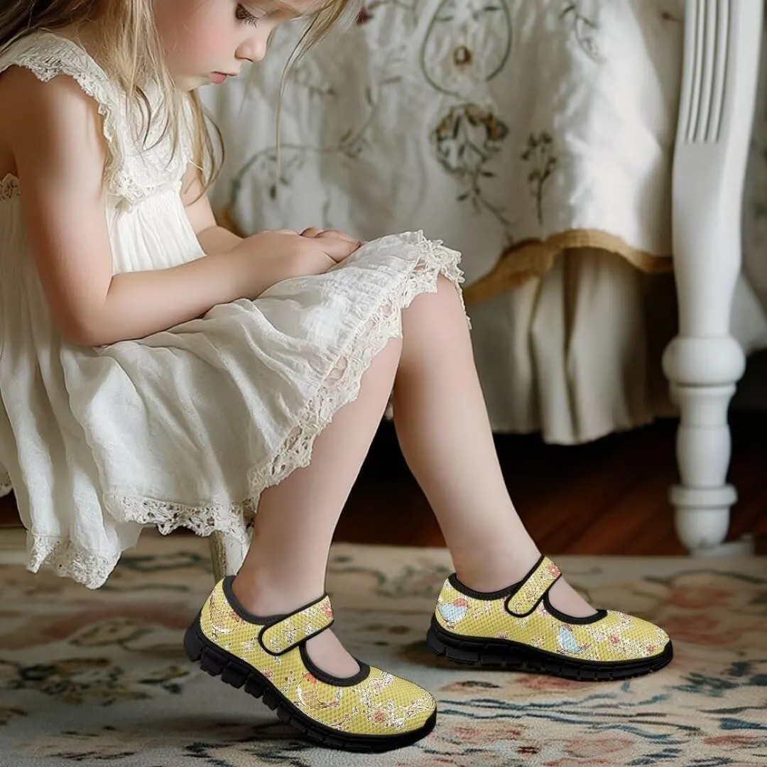 Cartoon Birds Print Mary Jane Shoes for Girls Anti-Skid Magic Sticker Sneaker with Mesh Upper