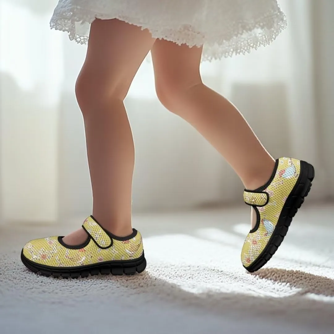 Cartoon Birds Print Mary Jane Shoes for Girls Anti-Skid Magic Sticker Sneaker with Mesh Upper