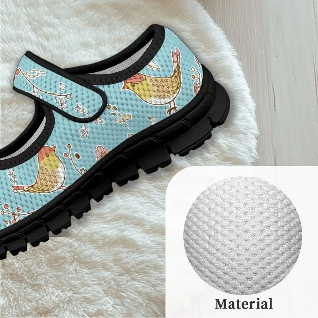 Cartoon Birds Print Mary Jane Shoes for Girls Anti-Skid Magic Sticker Sneaker with Mesh Upper