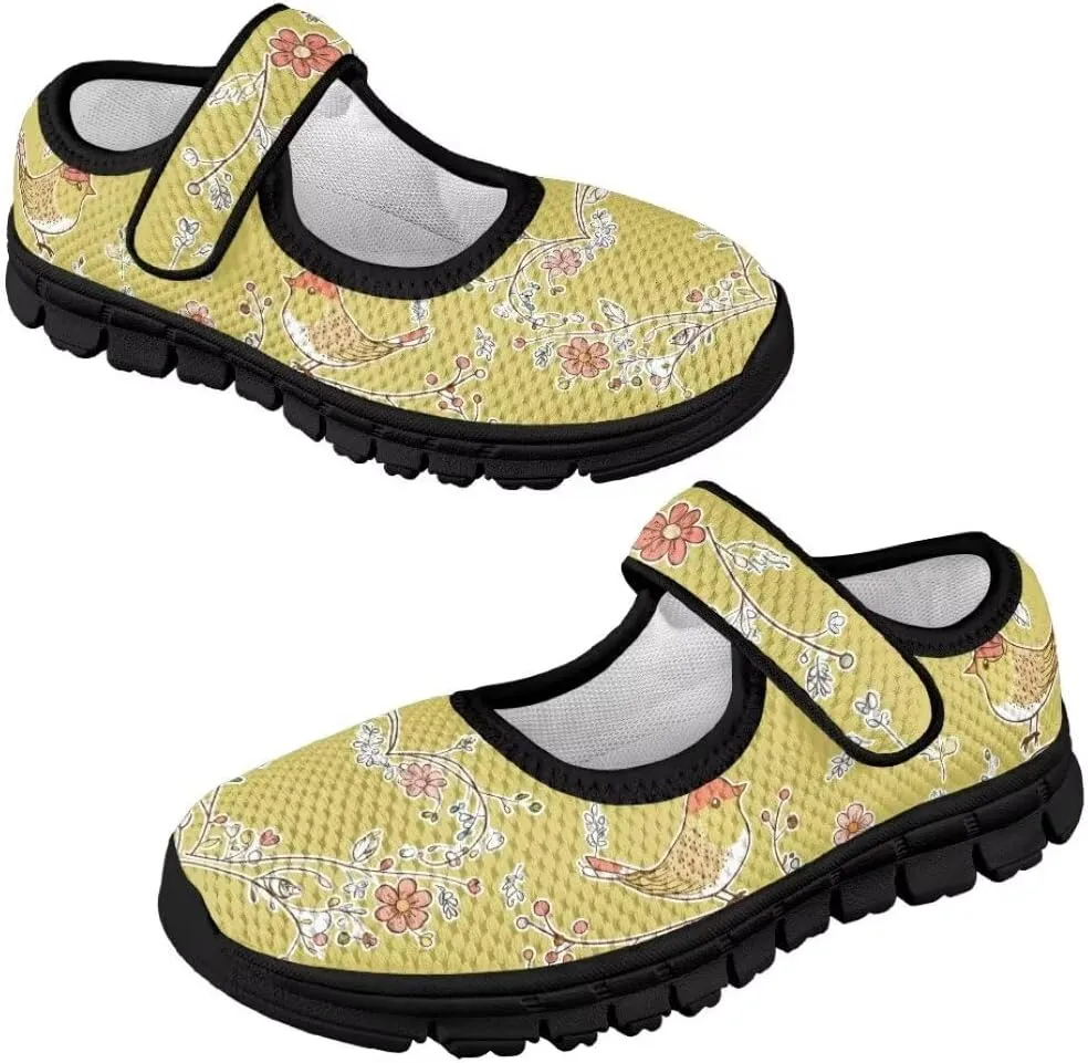 Cartoon Birds Print Mary Jane Shoes for Girls Anti-Skid Magic Sticker Sneaker with Mesh Upper
