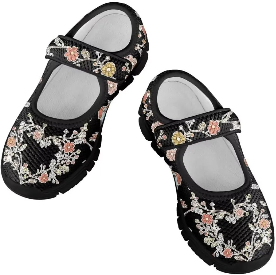 Cartoon Birds Print Mary Jane Shoes for Girls Anti-Skid Magic Sticker Sneaker with Mesh Upper