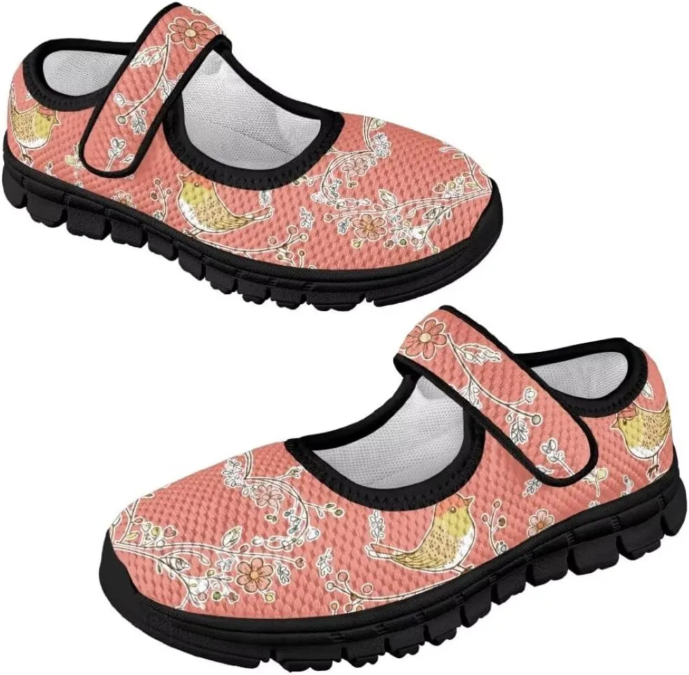 Cartoon Birds Print Mary Jane Shoes for Girls Anti-Skid Magic Sticker Sneaker with Mesh Upper