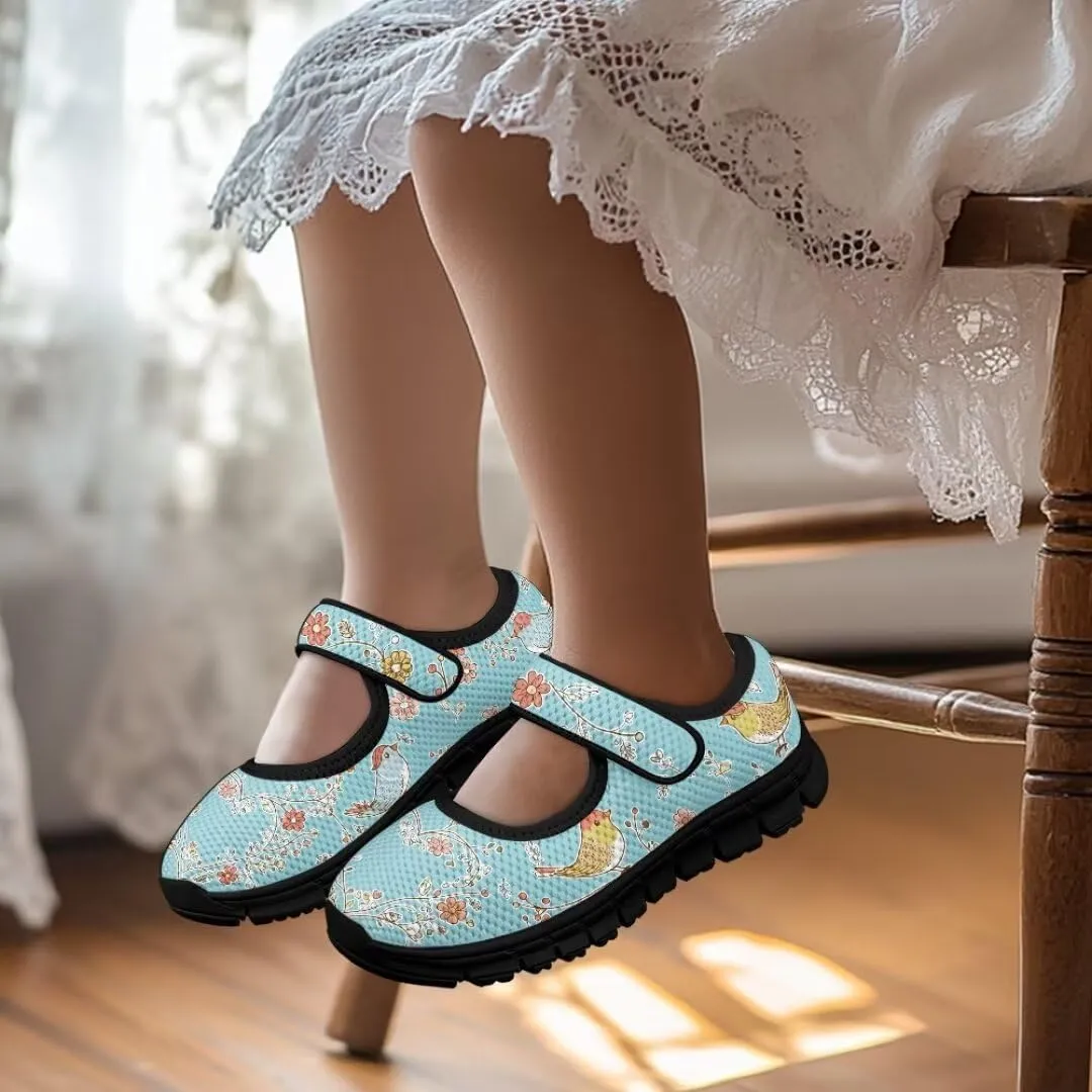 Cartoon Birds Print Mary Jane Shoes for Girls Anti-Skid Magic Sticker Sneaker with Mesh Upper