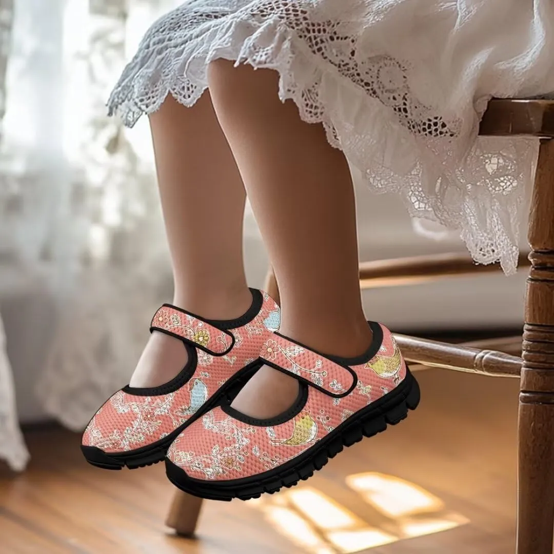 Cartoon Birds Print Mary Jane Shoes for Girls Anti-Skid Magic Sticker Sneaker with Mesh Upper