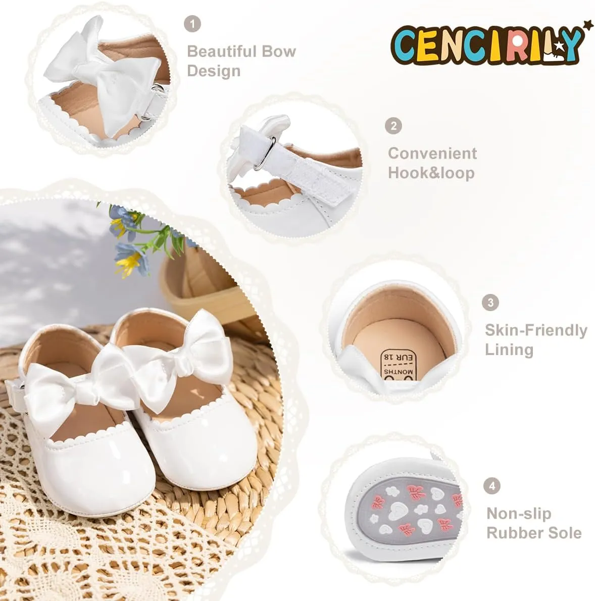 CENCIRILY Infant Baby Girls Mary Jane Flats Non Slip Soft Sole Prewalker Princess Wedding Dress Shoes