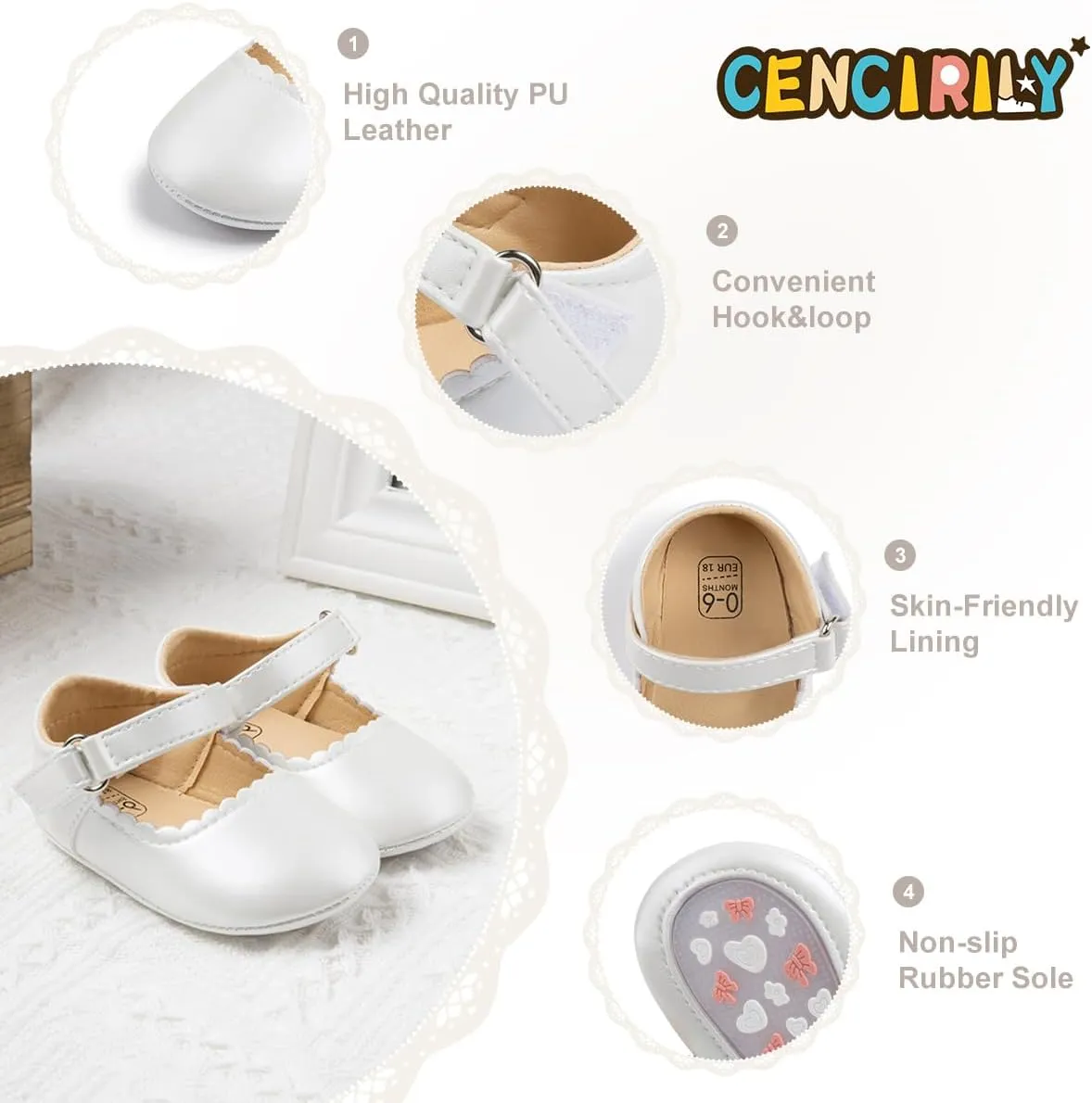 CENCIRILY Infant Baby Girls Mary Jane Flats Non Slip Soft Sole Prewalker Princess Wedding Dress Shoes