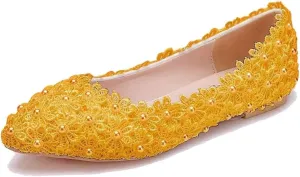 ChaiRong Zhou Women Beautiful Lace Ballet Flats with Pearl Flower Slip on Lightweight Breathable Flats Comfortable Pointed Toe Casual Dress Party Shoes