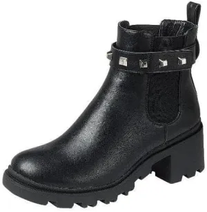 Chunky Heel Lug Sole Pull On Moto Chic Platform Combat Boot Amulet Booties (Black-02, 8)