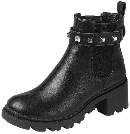 Chunky Heel Lug Sole Pull On Moto Chic Platform Combat Boot Amulet Booties (Black-02, 8)