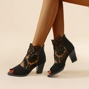 Chunky Heeled Sandals for Women Block Dress Sexy Hollow Floral Lace Shoes Summer Women's Open Toe Low Heeled Party Sandals (1-Black, 9)