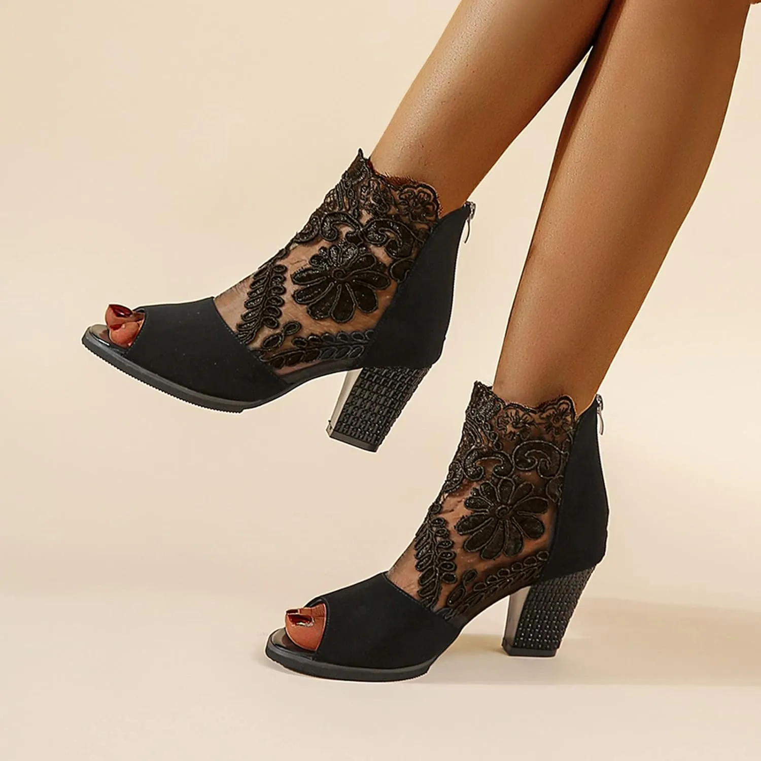 Chunky Heeled Sandals for Women Block Dress Sexy Hollow Floral Lace Shoes Summer Women's Open Toe Low Heeled Party Sandals (1-Black, 9)