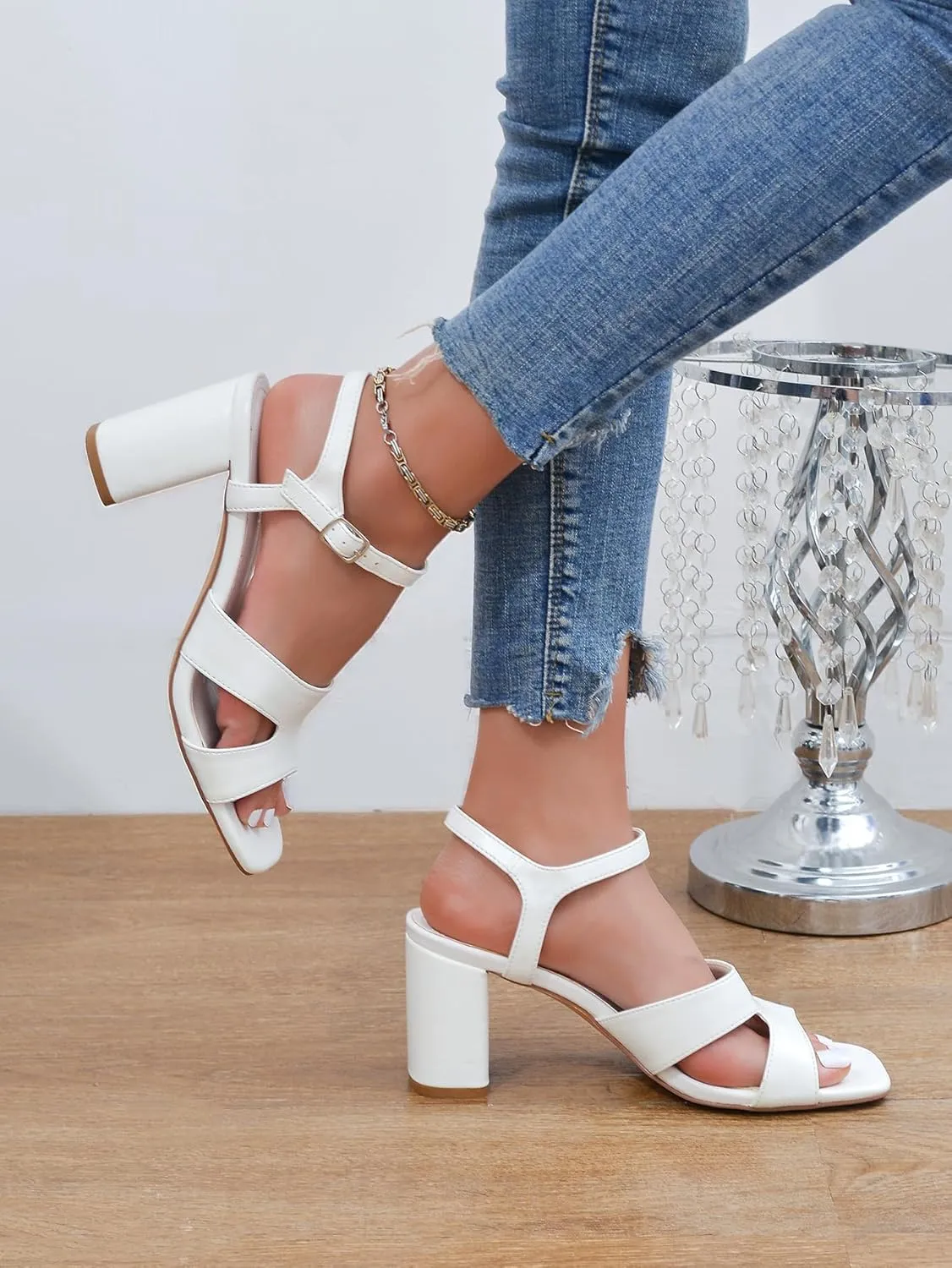 Chunky Strappy Heels for Women Open Toe Block Heels Sandals Square Toe Ankle Strap Dress Sandals Two Strap 3 Inches High Heels Strappy Sandals Women Dressy Tan White Black Heels
