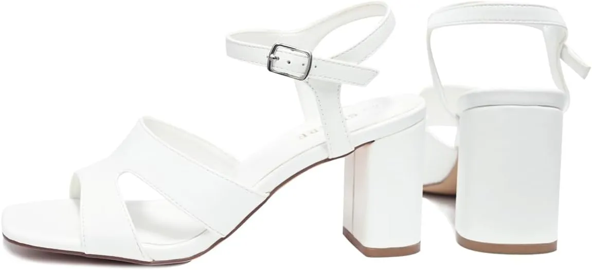 Chunky Strappy Heels for Women Open Toe Block Heels Sandals Square Toe Ankle Strap Dress Sandals Two Strap 3 Inches High Heels Strappy Sandals Women Dressy Tan White Black Heels