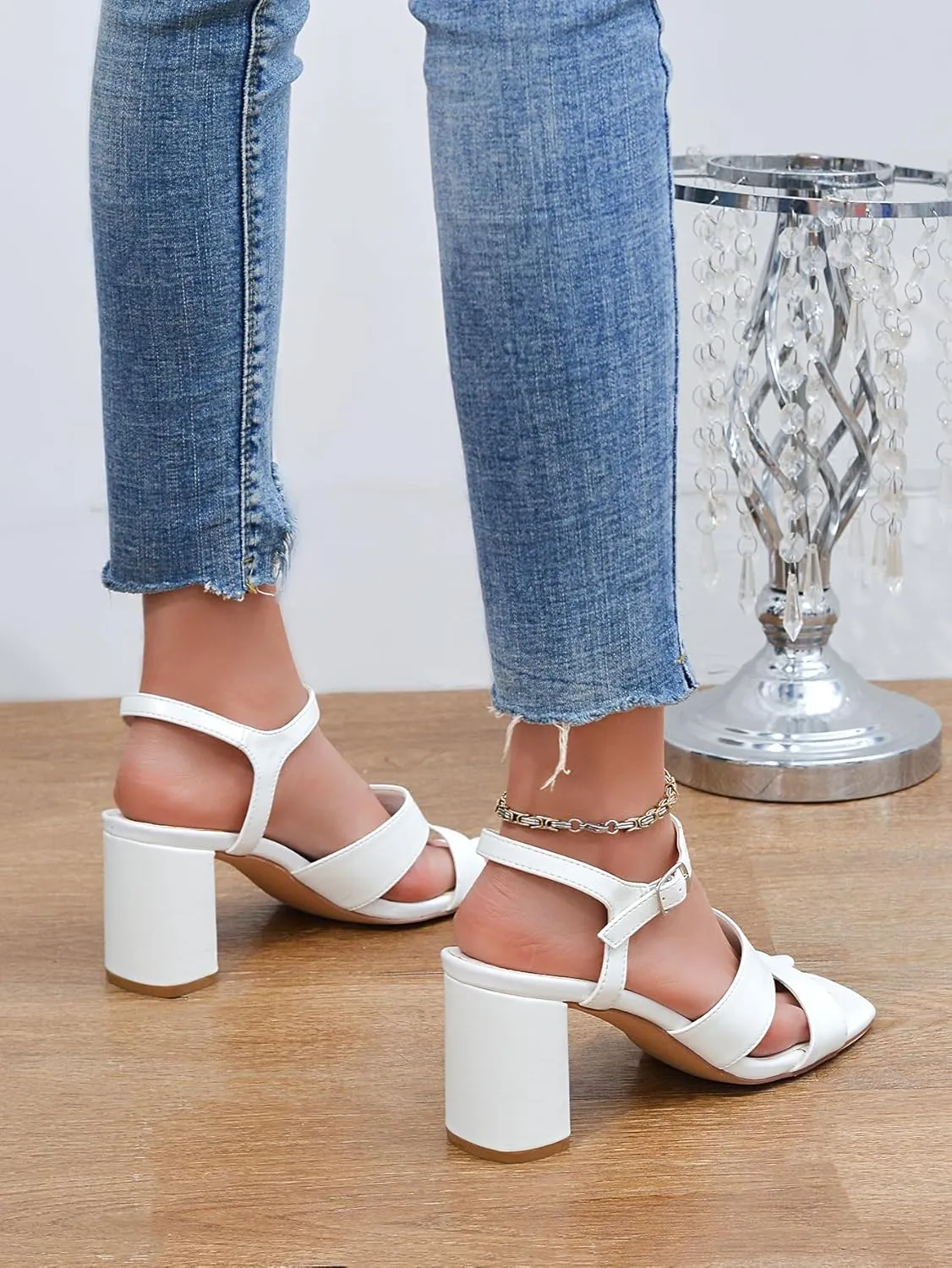 Chunky Strappy Heels for Women Open Toe Block Heels Sandals Square Toe Ankle Strap Dress Sandals Two Strap 3 Inches High Heels Strappy Sandals Women Dressy Tan White Black Heels