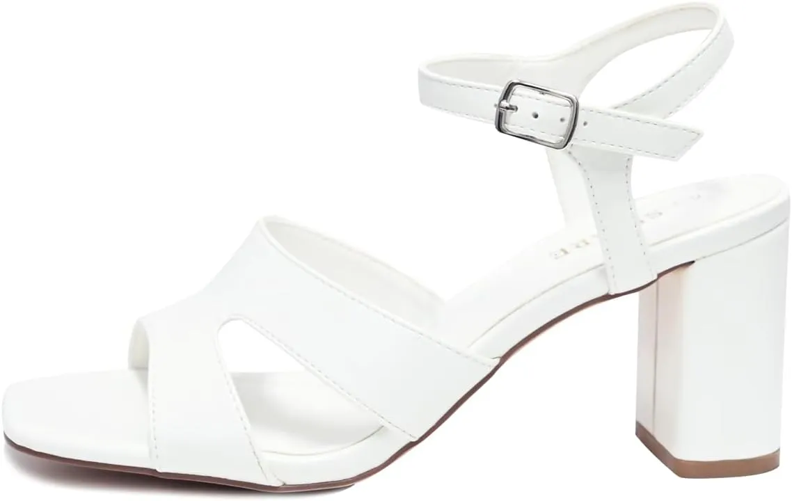 Chunky Strappy Heels for Women Open Toe Block Heels Sandals Square Toe Ankle Strap Dress Sandals Two Strap 3 Inches High Heels Strappy Sandals Women Dressy Tan White Black Heels