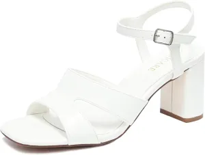 Chunky Strappy Heels for Women Open Toe Block Heels Sandals Square Toe Ankle Strap Dress Sandals Two Strap 3 Inches High Heels Strappy Sandals Women Dressy Tan White Black Heels