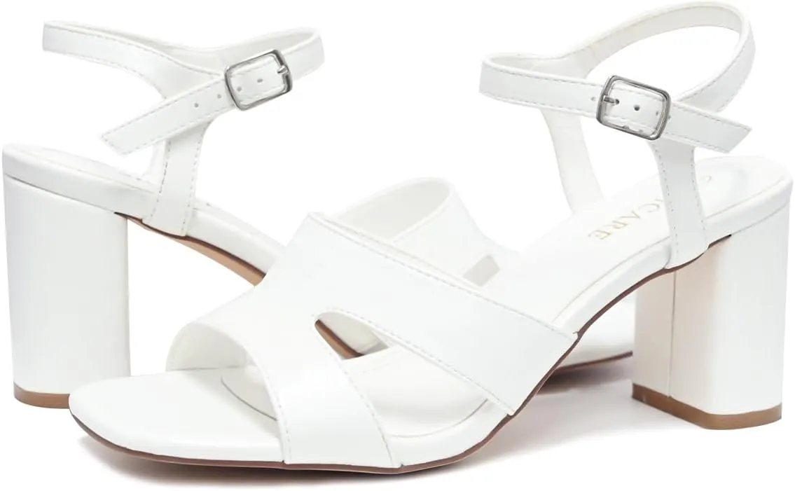 Chunky Strappy Heels for Women Open Toe Block Heels Sandals Square Toe Ankle Strap Dress Sandals Two Strap 3 Inches High Heels Strappy Sandals Women Dressy Tan White Black Heels