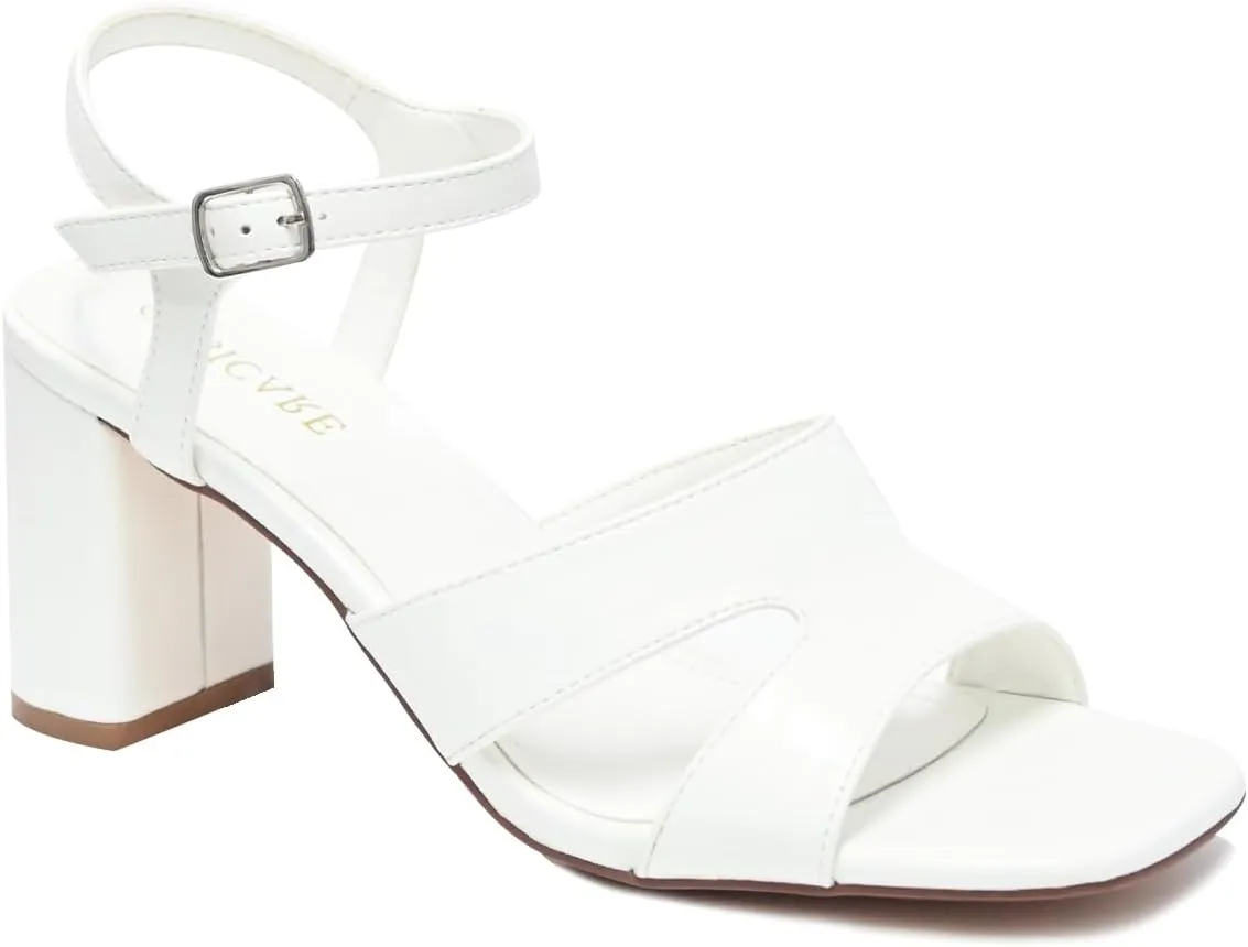 Chunky Strappy Heels for Women Open Toe Block Heels Sandals Square Toe Ankle Strap Dress Sandals Two Strap 3 Inches High Heels Strappy Sandals Women Dressy Tan White Black Heels