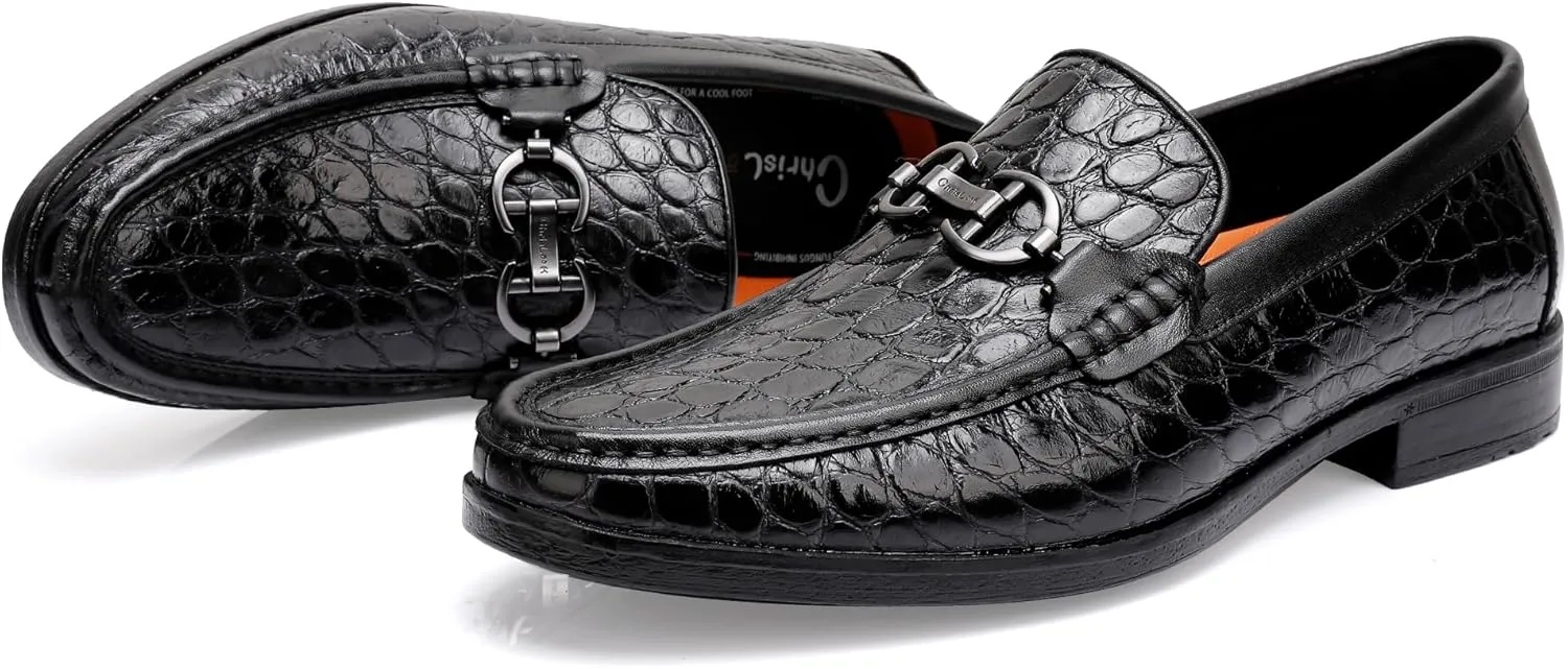 Classical Loafers for Men, Crocodile Pattern Leather Dress Shoes Slip on Loafers Bit Loafers