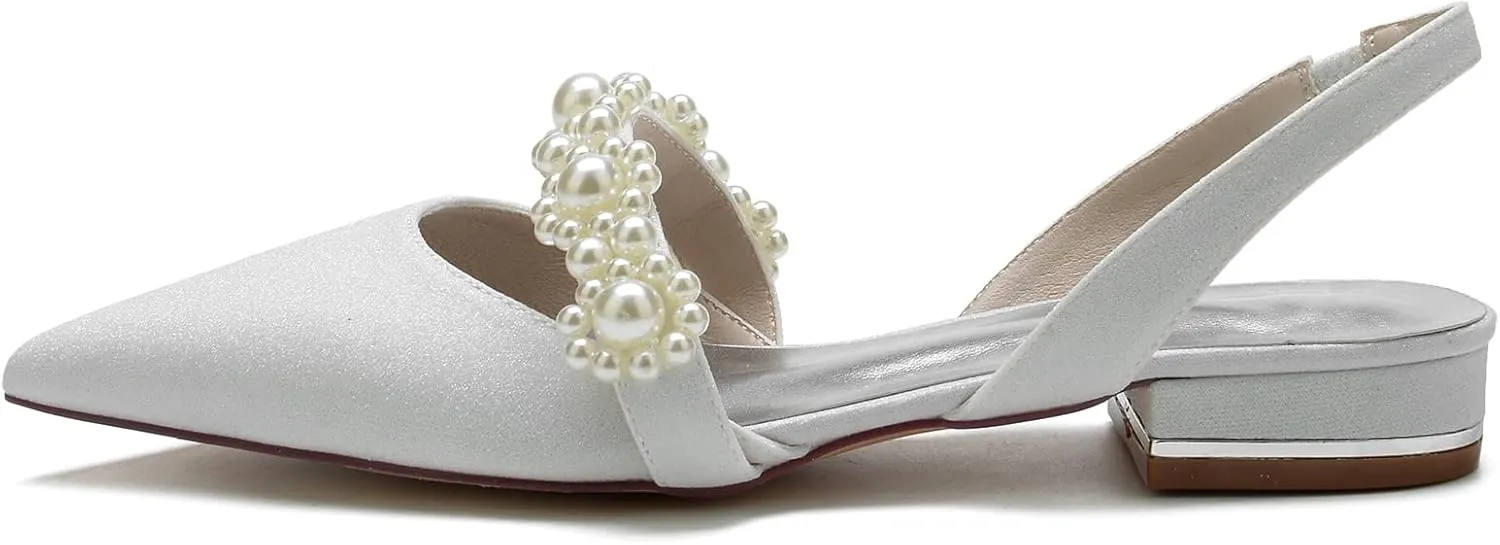 Closed Toe Glitter Satin Pearl Wedding Flats Comfortable Wedding Shoes for Bride Mary Jane Bridal Flats Slip On Evening Prom Party Dress Shoes Pumps for Women