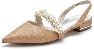 Closed Toe Glitter Satin Pearl Wedding Flats Comfortable Wedding Shoes for Bride Mary Jane Bridal Flats Slip On Evening Prom Party Dress Shoes Pumps for Women