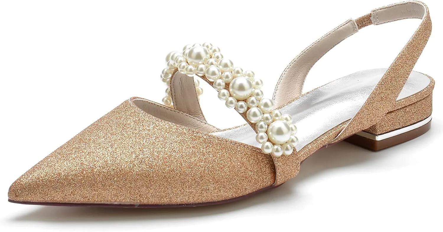 Closed Toe Glitter Satin Pearl Wedding Flats Comfortable Wedding Shoes for Bride Mary Jane Bridal Flats Slip On Evening Prom Party Dress Shoes Pumps for Women