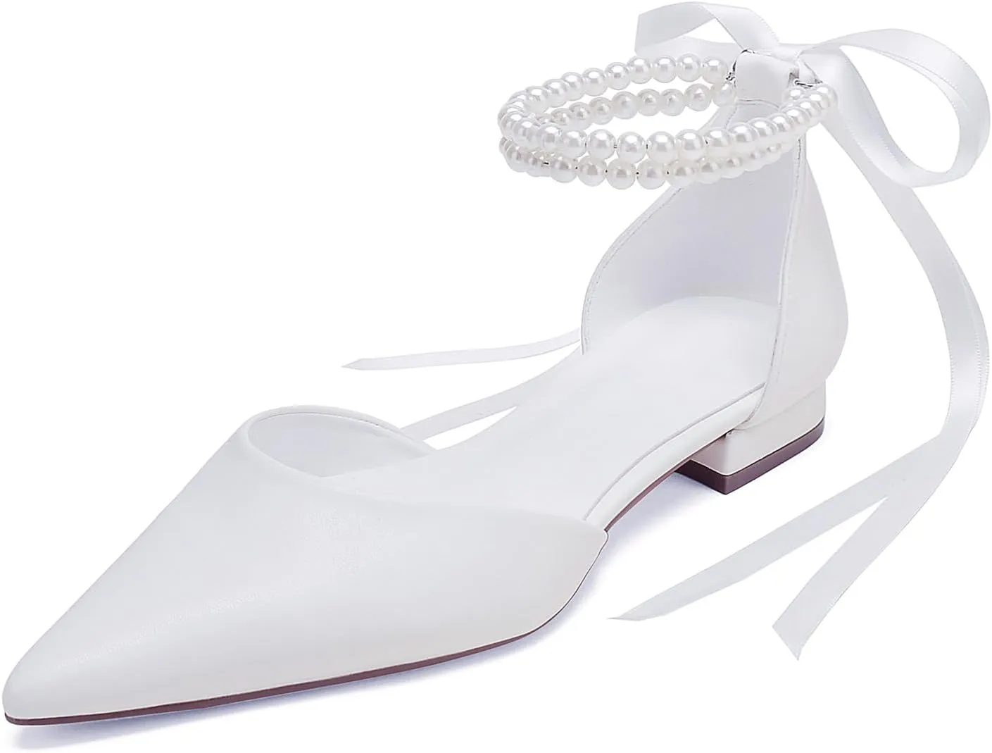 Closed Toe Pearl Wedding Flats Shoes for Bride with Bow Pointed Toe Bridal Flats Evening Prom Party Dress Shoes Pumps for Women