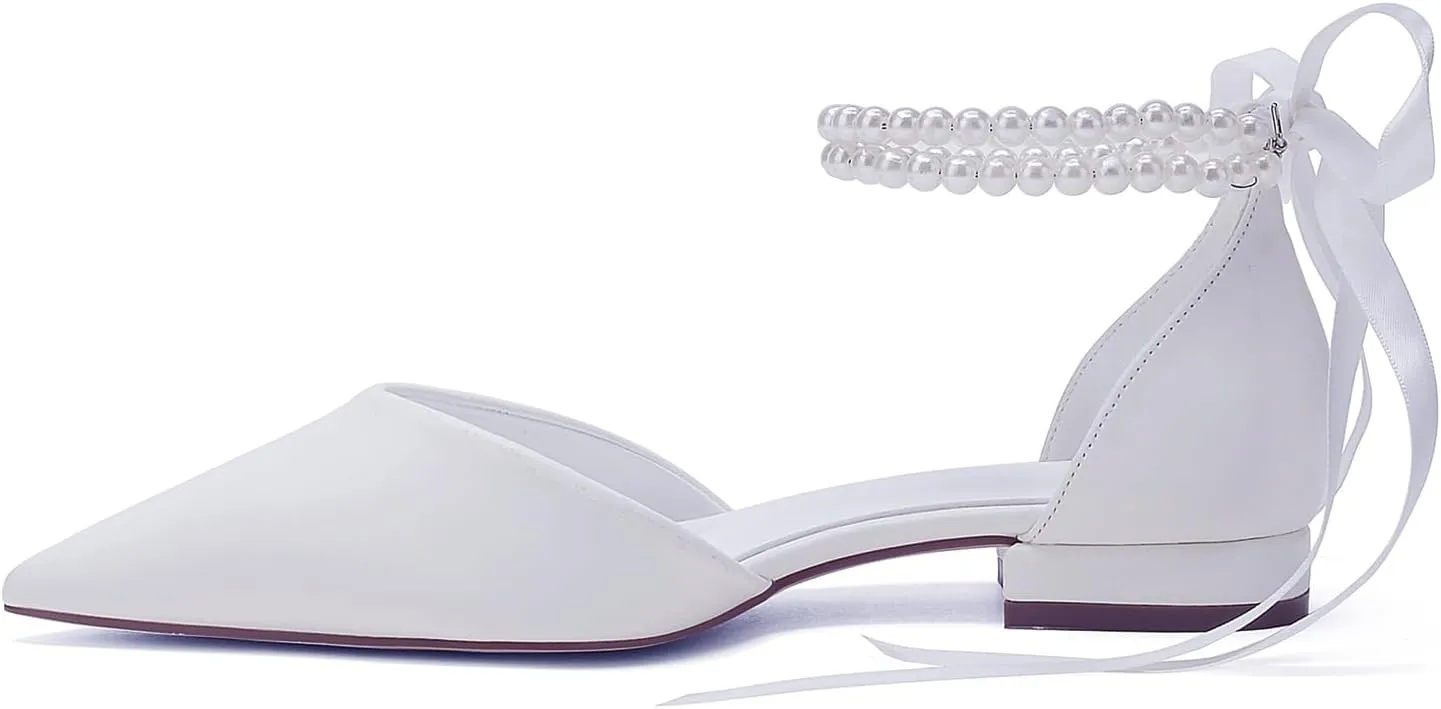 Closed Toe Pearl Wedding Flats Shoes for Bride with Bow Pointed Toe Bridal Flats Evening Prom Party Dress Shoes Pumps for Women