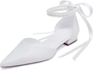 Closed Toe Pearl Wedding Flats Shoes for Bride with Bow Pointed Toe Bridal Flats Evening Prom Party Dress Shoes Pumps for Women