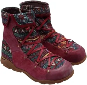 Colorblock Retro Casual Non-Slip Women's Shoes Side Zipper Hiking Boots Fashionable Off-Road Boots Ethnic Style