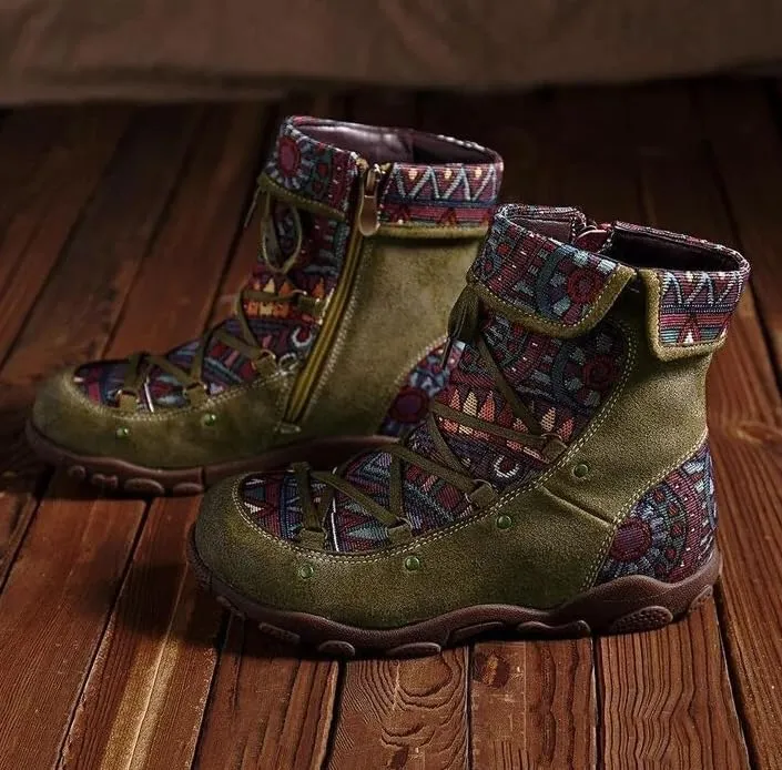 Colorblock Retro Casual Non-Slip Women's Shoes Side Zipper Hiking Boots Fashionable Off-Road Boots Ethnic Style