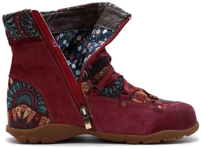 Colorblock Retro Casual Non-Slip Women's Shoes Side Zipper Hiking Boots Fashionable Off-Road Boots Ethnic Style
