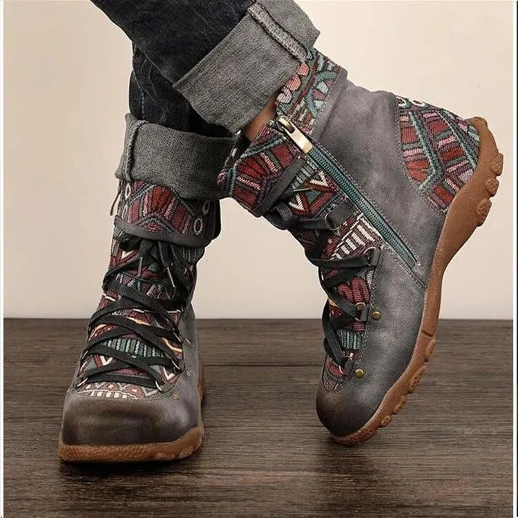 Colorblock Retro Casual Non-Slip Women's Shoes Side Zipper Hiking Boots Fashionable Off-Road Boots Ethnic Style