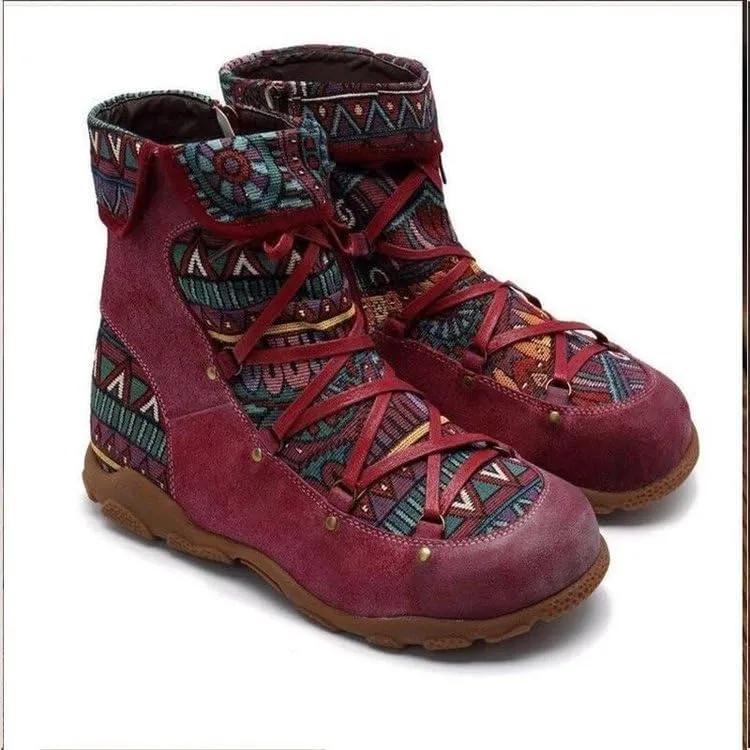 Colorblock Retro Casual Non-Slip Women's Shoes Side Zipper Hiking Boots Fashionable Off-Road Boots Ethnic Style